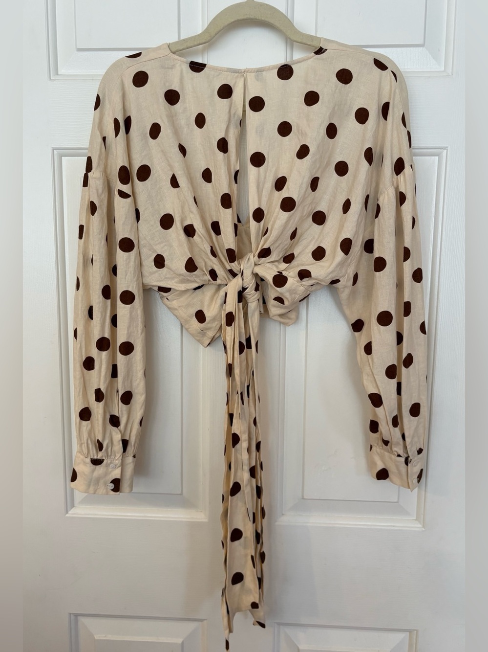 Zara Women's Ivory/Brown Polka Dot LS Cropped Blouse Size M Glam Linen Blend - Picture 3 of 6